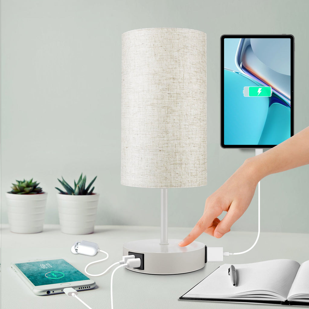 15.75" H 3-Way Dimmable Table Lamp Touch Control for Bedroom Living Room Dorm, Set of 2 Bedside Lamps with Dual USB Ports + AC Outlet, Modern Nightstand Lamp with Round Lampshade (800lm 7W LED Bulb Included)