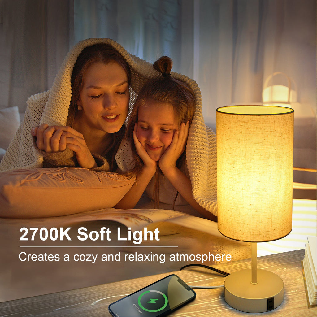 15.75" H 3-Way Dimmable Table Lamp Touch Control for Bedroom Living Room Dorm, Set of 2 Bedside Lamps with Dual USB Ports + AC Outlet, Modern Nightstand Lamp with Round Lampshade (800lm 7W LED Bulb Included)