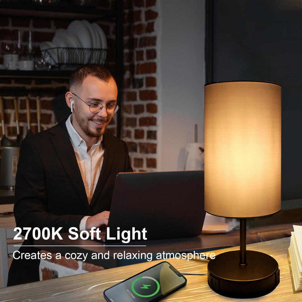 15.75" H 3-Way Dimmable Table Lamp Touch Control for Bedroom Living Room Dorm, Set of 2 Bedside Lamps with Dual USB Ports + AC Outlet, Modern Nightstand Lamp with Round Lampshade (800lm 7W LED Bulb Included)