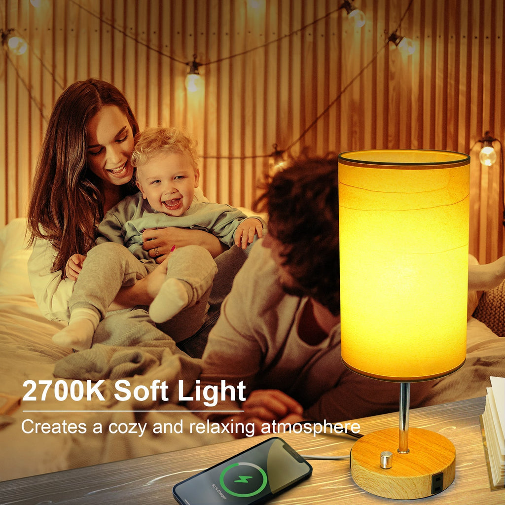 17.75" H Set of 2 Fully Dimmable Bedside Table Lamps with USB A+C Charging Ports & AC Outlet, Large Desk Lamp for Bedroom Living Room Office, Modern Nightstand Light with Round Lampshade (7W 800LM LED Bulb Included)