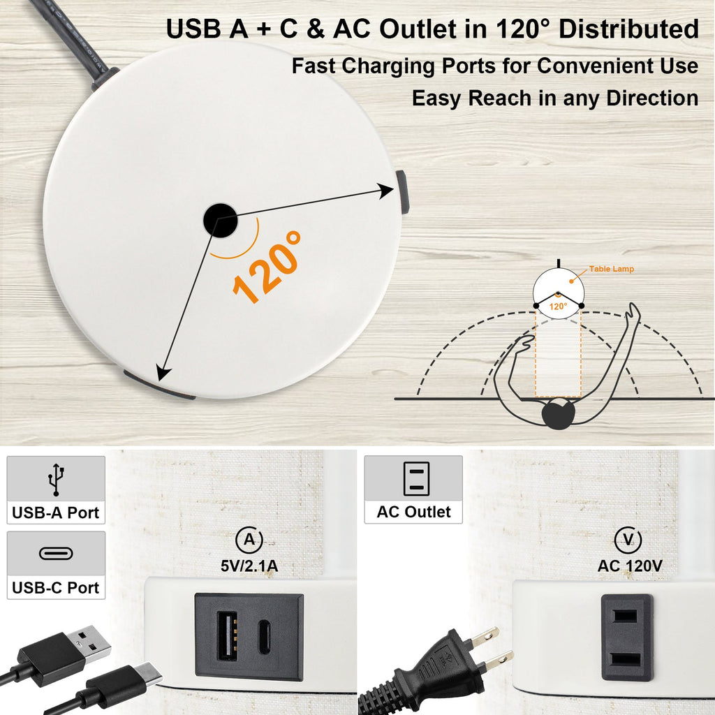 15.75" H 3-Way Dimmable Table Lamp Touch Control for Bedroom Living Room Dorm, Set of 2 Bedside Lamps with Dual USB Ports + AC Outlet, Modern Nightstand Lamp with Round Lampshade (800lm 7W LED Bulb Included)