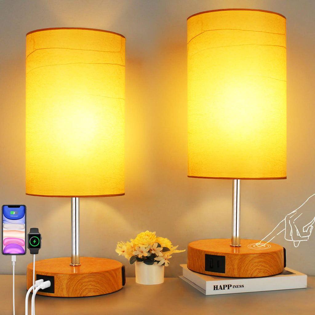 17.75" H Touch Control Bedside Table Lamps Set of 2, 3-Way Dimmable Nightstand Light for Bedroom, Large Desk Lamp with USB A+C Charging Ports & AC Outlet, 7W E26 LED Bulb Included