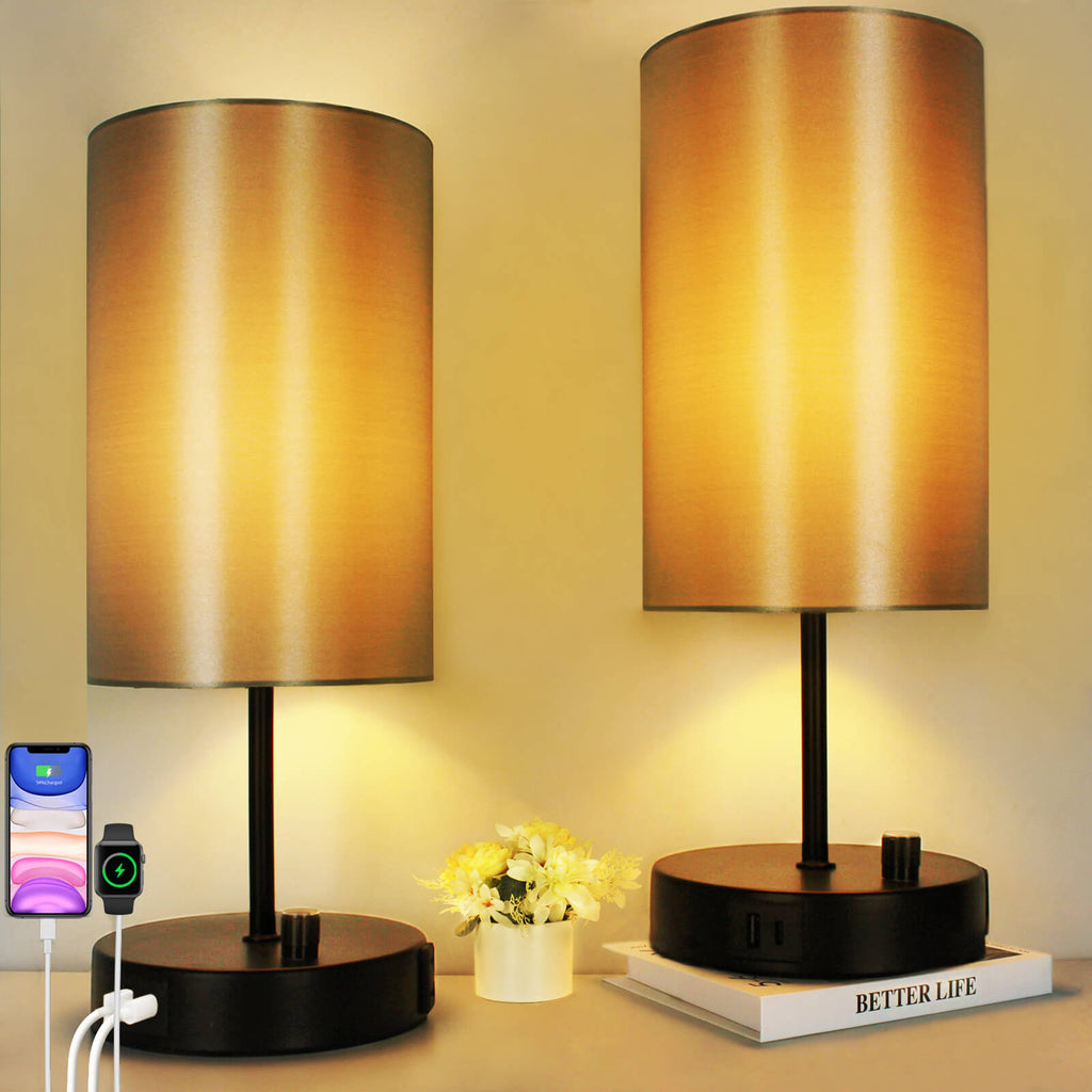 17.75" H Set of 2 Fully Dimmable Bedside Table Lamps with USB A+C Charging Ports & AC Outlet, Large Desk Lamp for Bedroom Living Room Office, Modern Nightstand Light with Round Lampshade (7W 800LM LED Bulb Included)