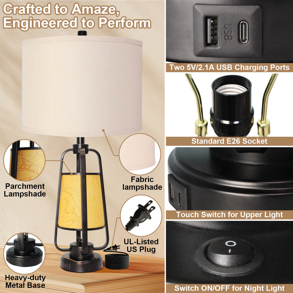 28" 3-Way Dimmable Touch Control Table Lamps Set of 2 with Dual USB Charging Ports for Living Room Bedroom Office,Bulbs Included