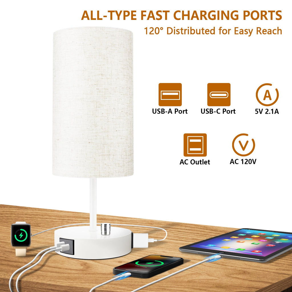 17.75" H Set of 2 Fully Dimmable Bedside Table Lamps with USB A+C Charging Ports & AC Outlet, Large Desk Lamp for Bedroom Living Room Office, Modern Nightstand Light with Round Lampshade (7W 800LM LED Bulb Included)