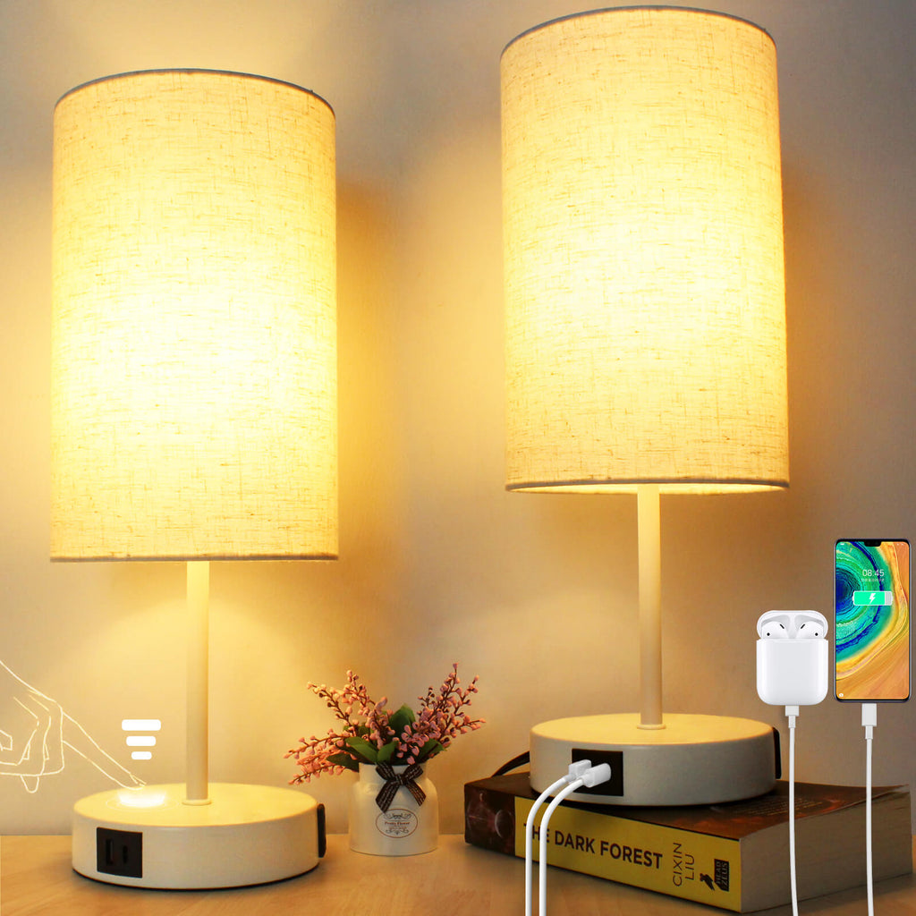 15.75" H 3-Way Dimmable Table Lamp Touch Control for Bedroom Living Room Dorm, Set of 2 Bedside Lamps with Dual USB Ports + AC Outlet, Modern Nightstand Lamp with Round Lampshade (800lm 7W LED Bulb Included)