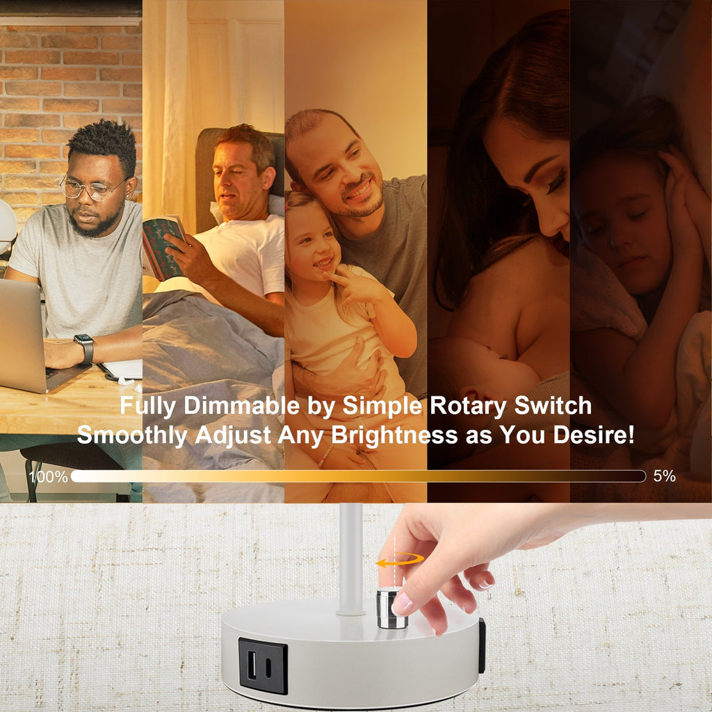 17.75" H Set of 2 Fully Dimmable Bedside Table Lamps with USB A+C Charging Ports & AC Outlet, Large Desk Lamp for Bedroom Living Room Office, Modern Nightstand Light with Round Lampshade (7W 800LM LED Bulb Included)