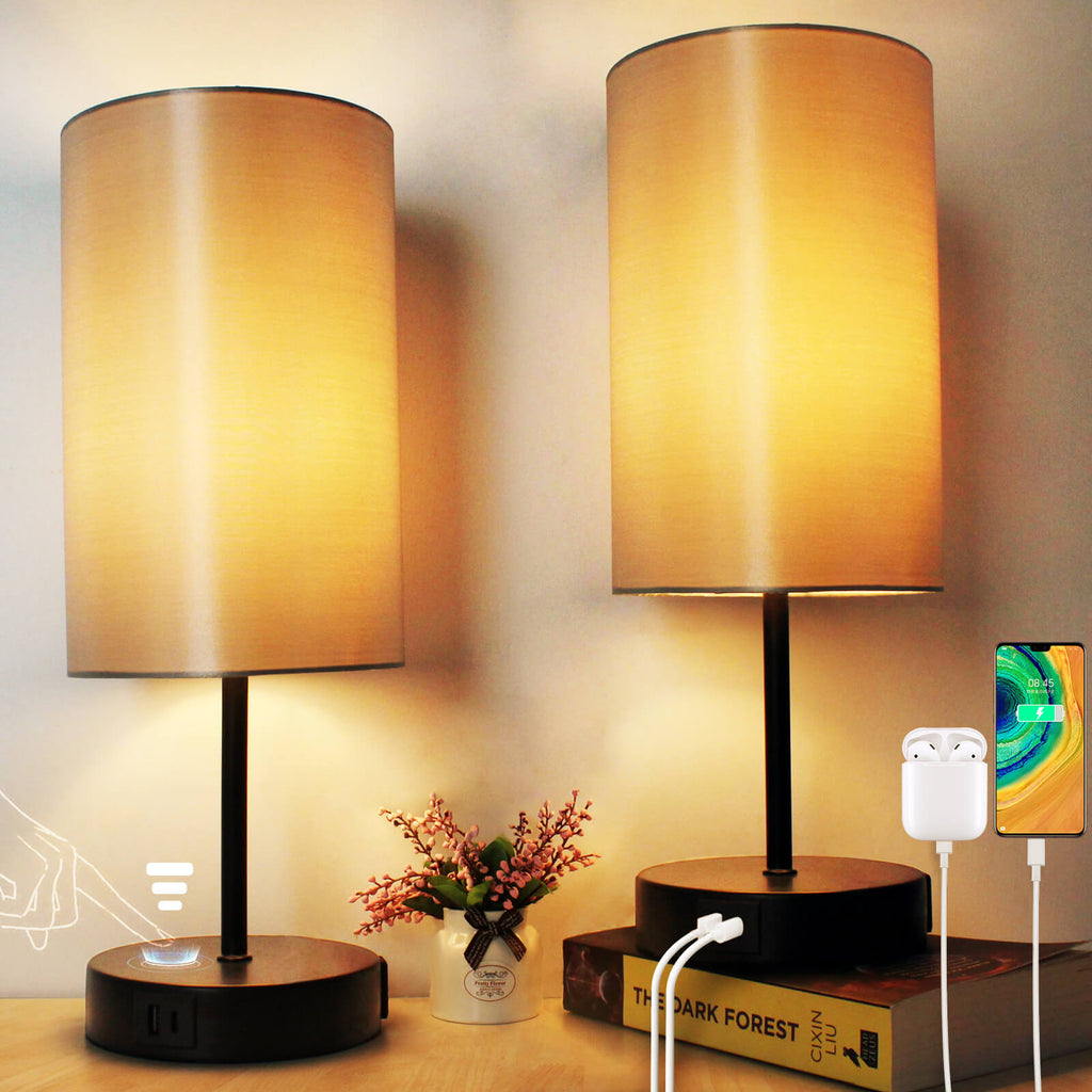 15.75" H 3-Way Dimmable Table Lamp Touch Control for Bedroom Living Room Dorm, Set of 2 Bedside Lamps with Dual USB Ports + AC Outlet, Modern Nightstand Lamp with Round Lampshade (800lm 7W LED Bulb Included)
