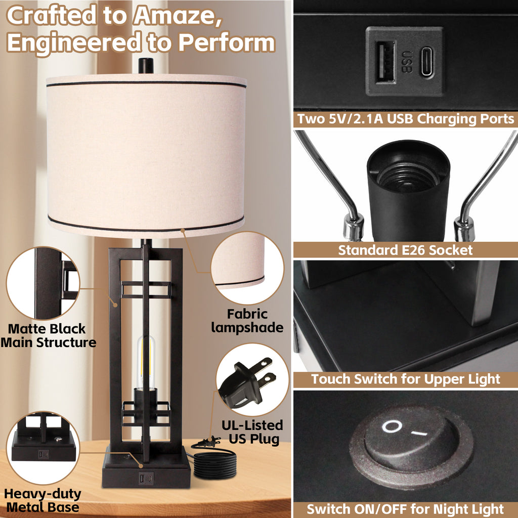 28" Touch Control Table Lamps 3-Way Dimmable with Dual USB Charging Ports,Set of 2,Decor for Living Room Bedroom Office,Bulbs Included