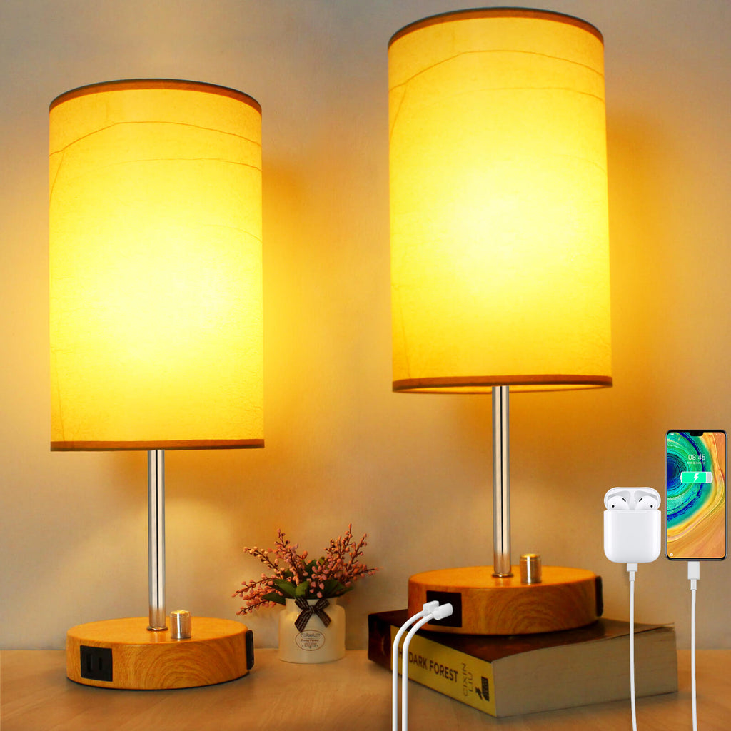 15.75" H Set of 2 Fully Dimmable Table Lamps for Bedroom Living Room Dorm, Bedside Lamp with Dual USB Ports + AC Outlet, Nightstand Lamp with Round Lampshade (800lm 8W LED Bulb Included)