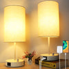 15.75" H Set of 2 Fully Dimmable Table Lamps for Bedroom Living Room Dorm, Bedside Lamp with Dual USB Ports + AC Outlet, Nightstand Lamp with Round Lampshade (800lm 8W LED Bulb Included)