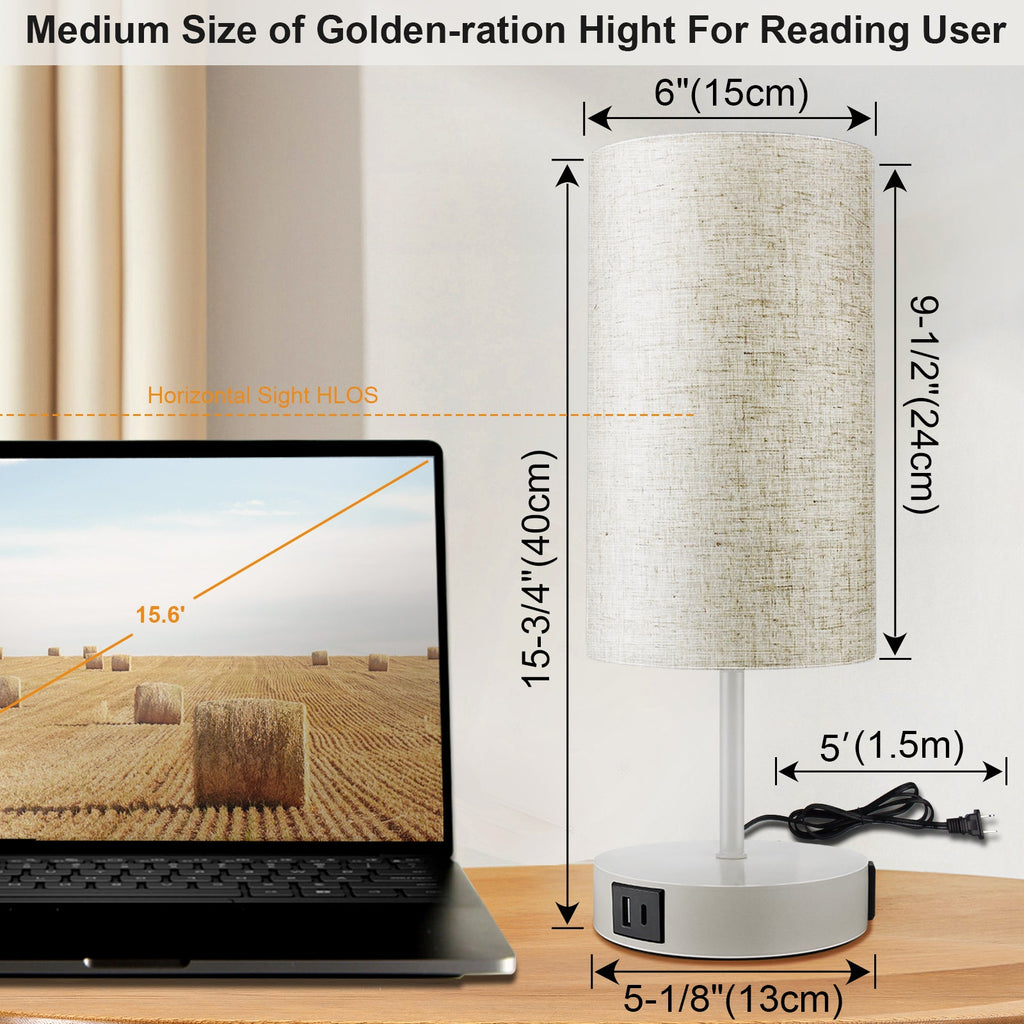 15.75" H 3-Way Dimmable Table Lamp Touch Control for Bedroom Living Room Dorm, Set of 2 Bedside Lamps with Dual USB Ports + AC Outlet, Modern Nightstand Lamp with Round Lampshade (800lm 7W LED Bulb Included)