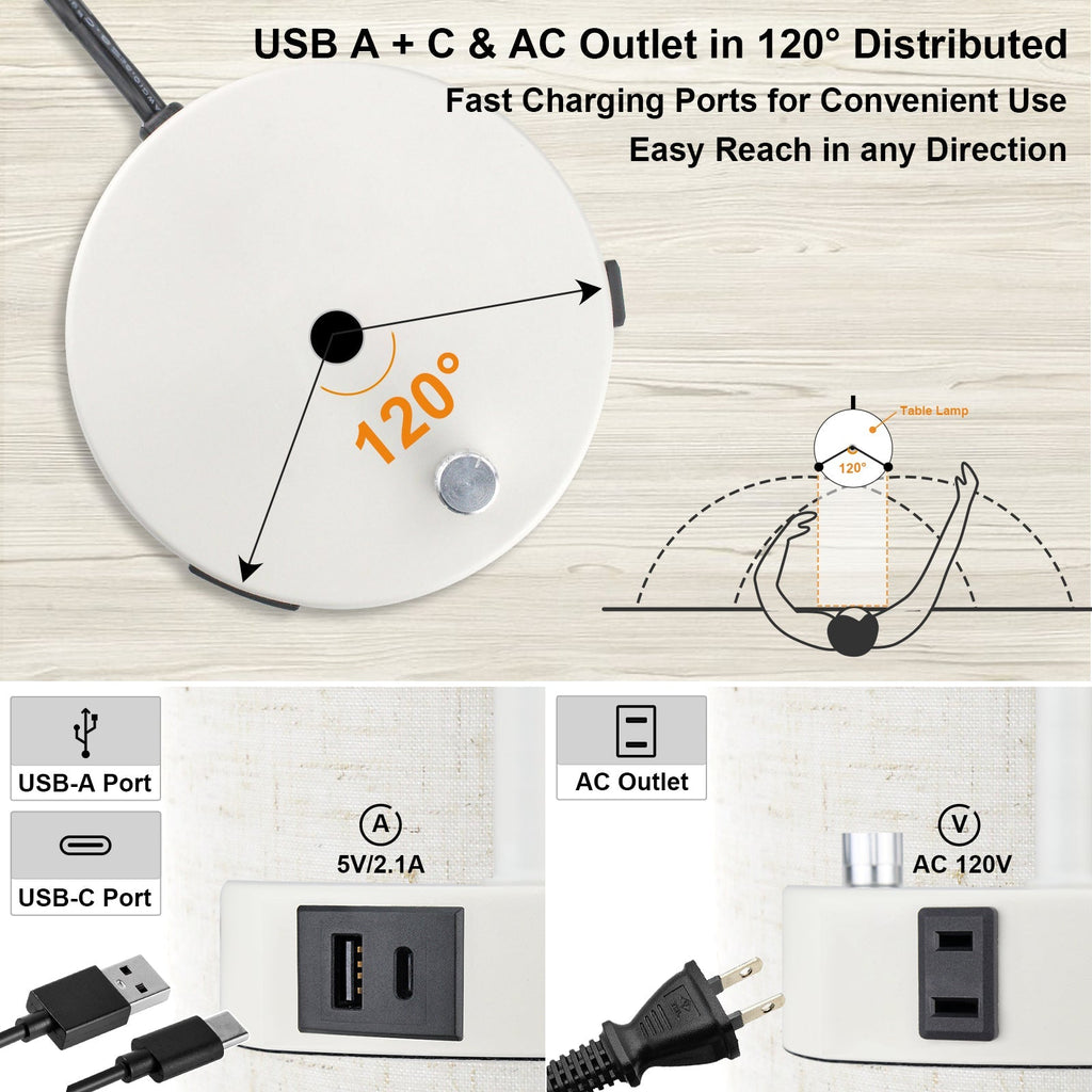 17.75" H Set of 2 Fully Dimmable Bedside Table Lamps with USB A+C Charging Ports & AC Outlet, Large Desk Lamp for Bedroom Living Room Office, Modern Nightstand Light with Round Lampshade (7W 800LM LED Bulb Included)