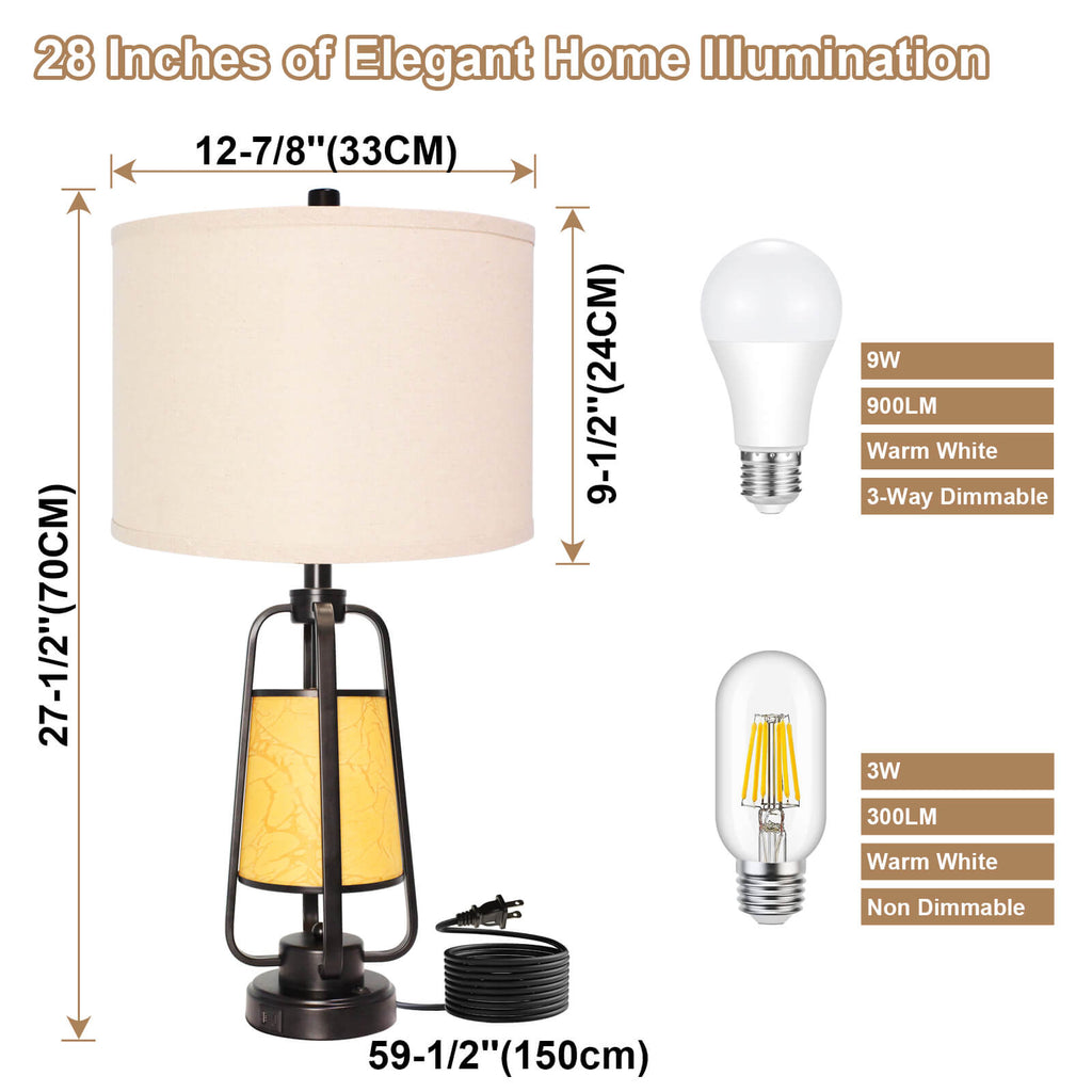 28" 3-Way Dimmable Touch Control Table Lamps Set of 2 with Dual USB Charging Ports for Living Room Bedroom Office,Bulbs Included