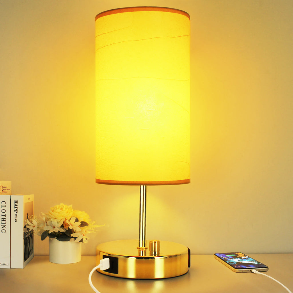 【L Size】Fully Dimmable Bedside Table Lamp with USB A+C Charging Ports & AC Outlet, Large Desk Lamps for Bedroom Living Room Office, Modern Nightstand Light with Round Lampshade (8W 800LM LED Bulb Included)