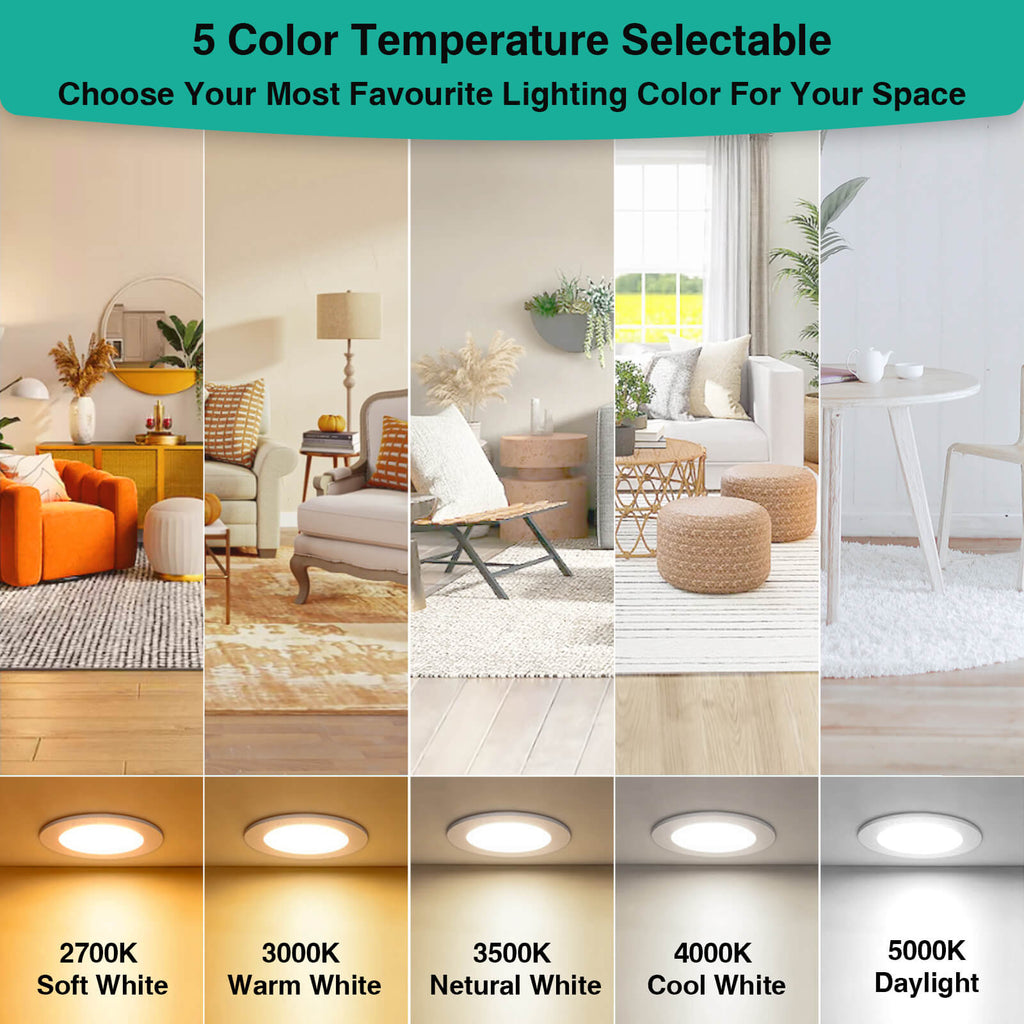 4 Pack 6 Inch LED Recessed Ceiling Lights, 1800LM 16W=200W, 5CCT 5000K 4000K 3000K Selectable, Dimmable Canless Downlight Fixtures - ETL and Energy Star Certified