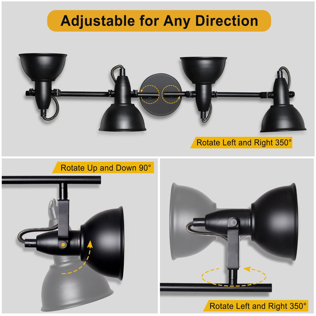 Industrial Track Lighting Fixture - LED 4-Light Directional Adjustable Black Kit - E12 Base (Bulbs Not Included)