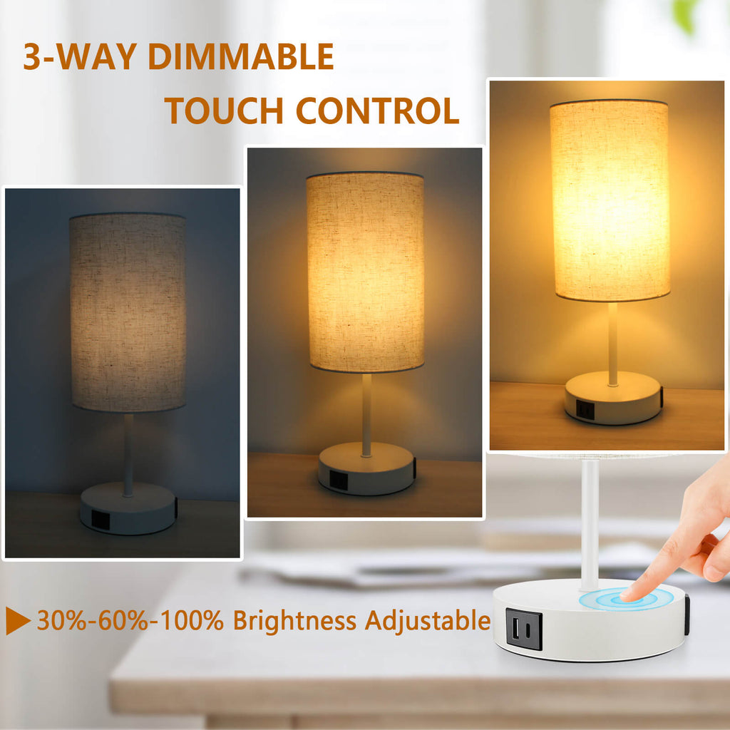 【L Size】Bedside Table Lamp Touch Control, 3-Way Dimmable Nightstand Light for Bedroom, Large Desk Lamps with USB A+C Charging Ports & AC Outlet, 7W E26 LED Bulb Included