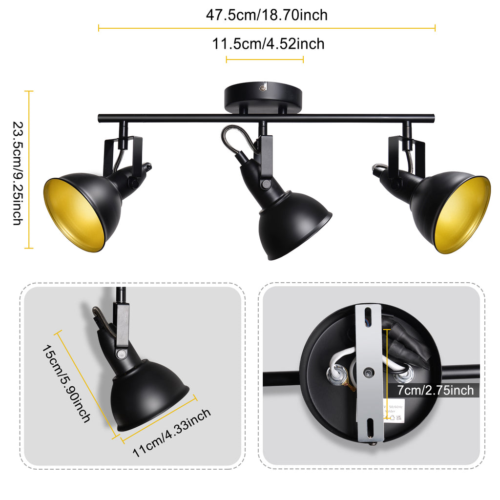 Retro LED Ceiling Spot Lights Fixtures - 3-Light - Multi-Directional Black Kitchen - E12 Base (Bulbs Not Included)