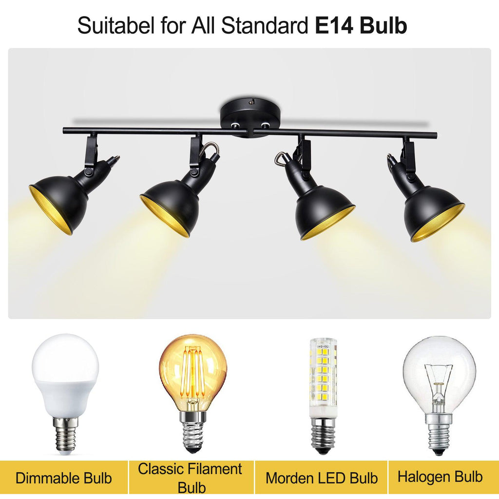 Industrial Track Lighting Fixture - LED 4-Light Directional Adjustable Black Kit - E12 Base (Bulbs Not Included)