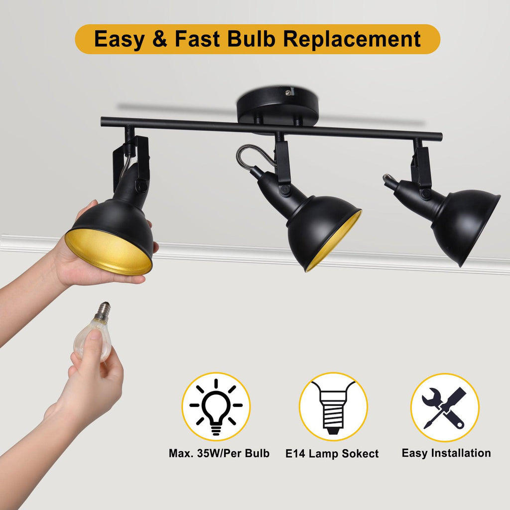 Retro LED Ceiling Spot Lights Fixtures - 3-Light - Multi-Directional Black Kitchen - E12 Base (Bulbs Not Included)