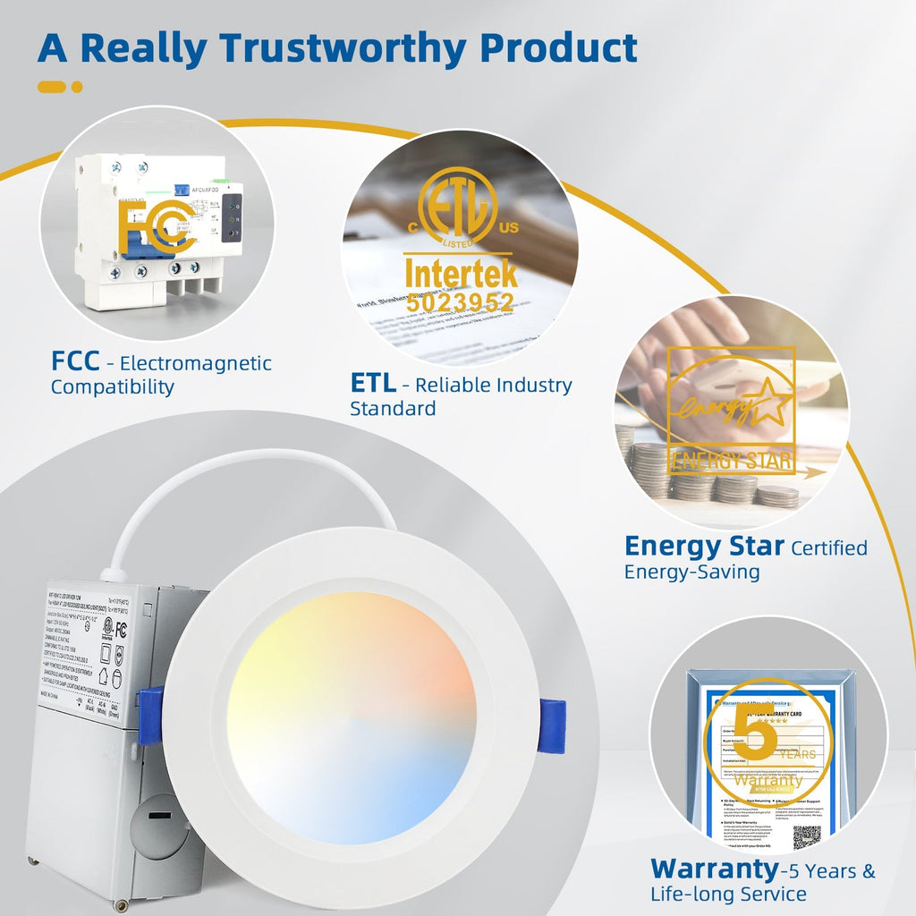 8 Pack LED Recessed Lighting 4 Inch, 1200LM 12W=150W, Ultra-Thin Can Lights with Junction Box, Retrofit Recessed Lights, Dimmable, Canless Wafer Downlight - ETL & Energy Star