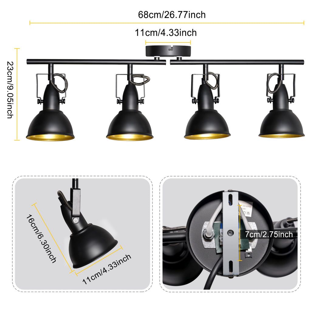 Industrial Track Lighting Fixture - LED 4-Light Directional Adjustable Black Kit - E12 Base (Bulbs Not Included)