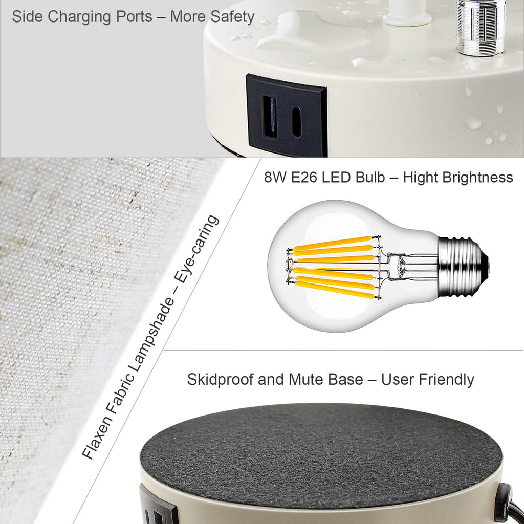 【M Size】Fully Dimmable Table Lamp for Bedroom Living Room Dorm, Bedside Lamps with Dual USB Ports + AC Outlet, Nightstand Lamp with Round Lampshade (800lm 8W LED Bulb Included)