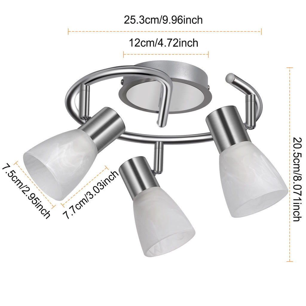 LED 3-Light Track Lighting Kit - Modern Kitchen Spotlight with Glass Lampshade - E12 Base (Bulbs Not Included)