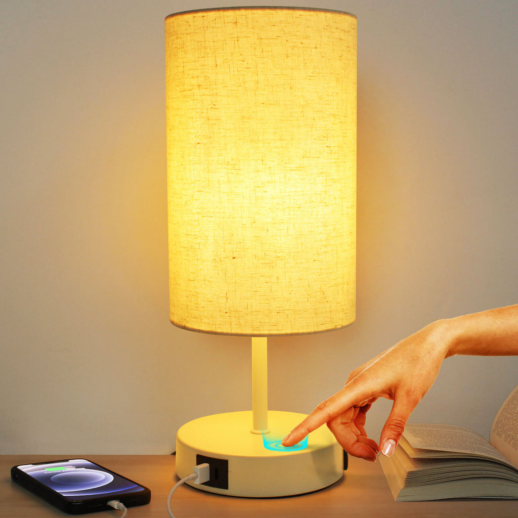 【L Size】Bedside Table Lamp Touch Control, 3-Way Dimmable Nightstand Light for Bedroom, Large Desk Lamps with USB A+C Charging Ports & AC Outlet, 7W E26 LED Bulb Included