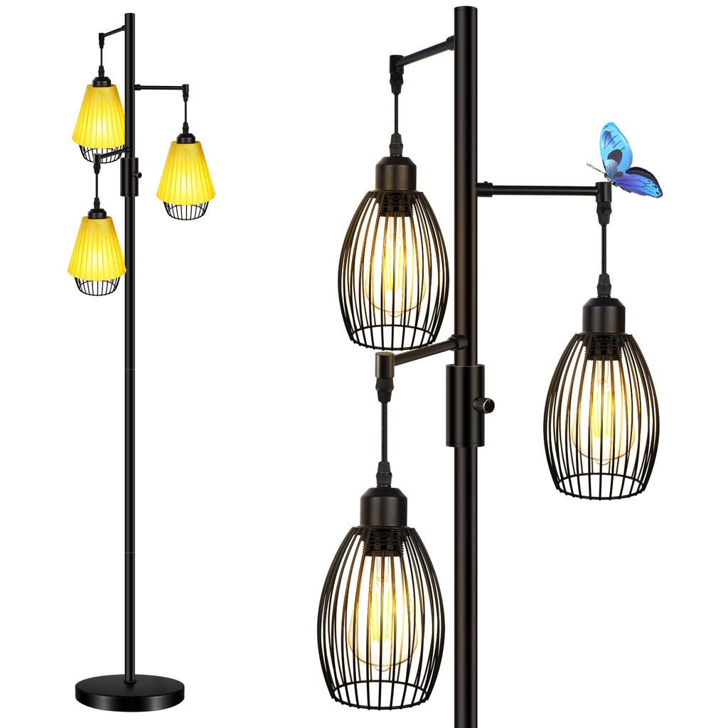 Retro Floor Lamp Fully Dimmable, Industrial 3-Light Standing Tree Floor Lamps Black with Bright 3X 800LM LED Edison Bulbs, Farmhouse 68 Inch Tall Floor Light for Living Room Bedroom Office