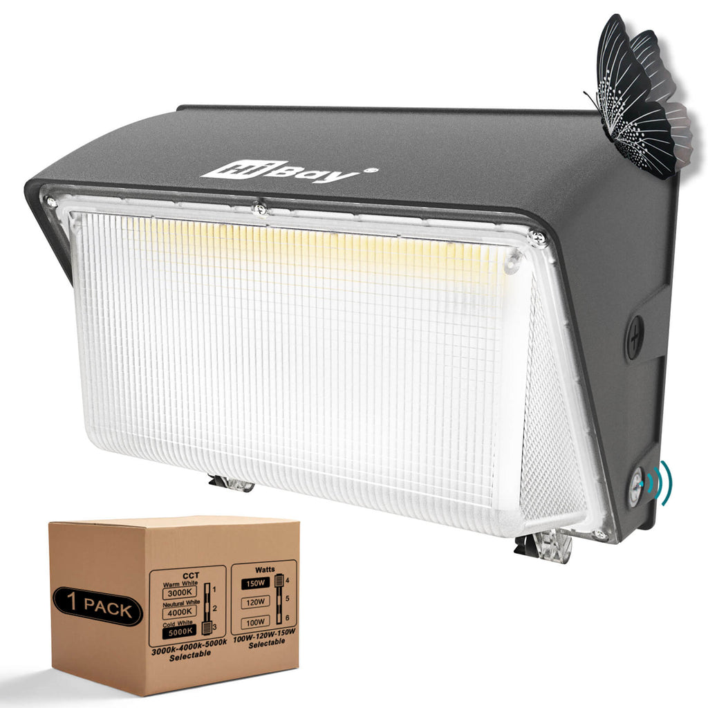 HiBay 150W LED Wall Pack Light 120W 100W Selectable and 3 Colors Selectable with Dusk to Dawn Photocell Sensor, Outdoor Security Wall Lighting-Trump Card for Contractor