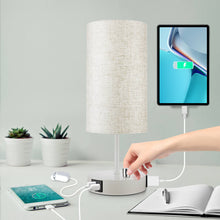 【M Size】Fully Dimmable Table Lamp for Bedroom Living Room Dorm, Bedside Lamps with Dual USB Ports + AC Outlet, Nightstand Lamp with Round Lampshade (800lm 8W LED Bulb Included)