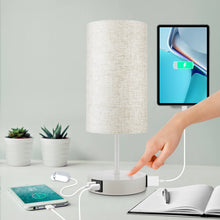 【M Size】3 Way Dimmable Table Lamp Touch Control for Bedroom Living Room Dorm, Bedside Lamps with Dual USB Ports + AC Outlet, Modern Nightstand Lamp with Round Lampshade (800lm 7W LED Bulb Included)