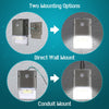 Two Mounting Options (1) Universal back plate is designed for simple electrical box mount.  (2) The 1/2” plug on the top of the light can be removed easily for conduit mount.